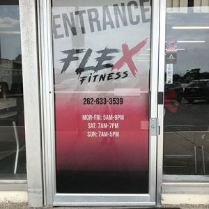 window storefront lettering wrap racine flex gym